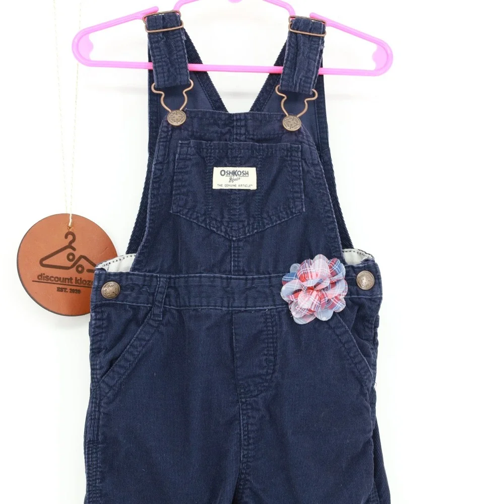 OshKosh Bgosh Toddler Navy Blue Corduroy‎ Vestbak Overalls Size 3T Flower Accent